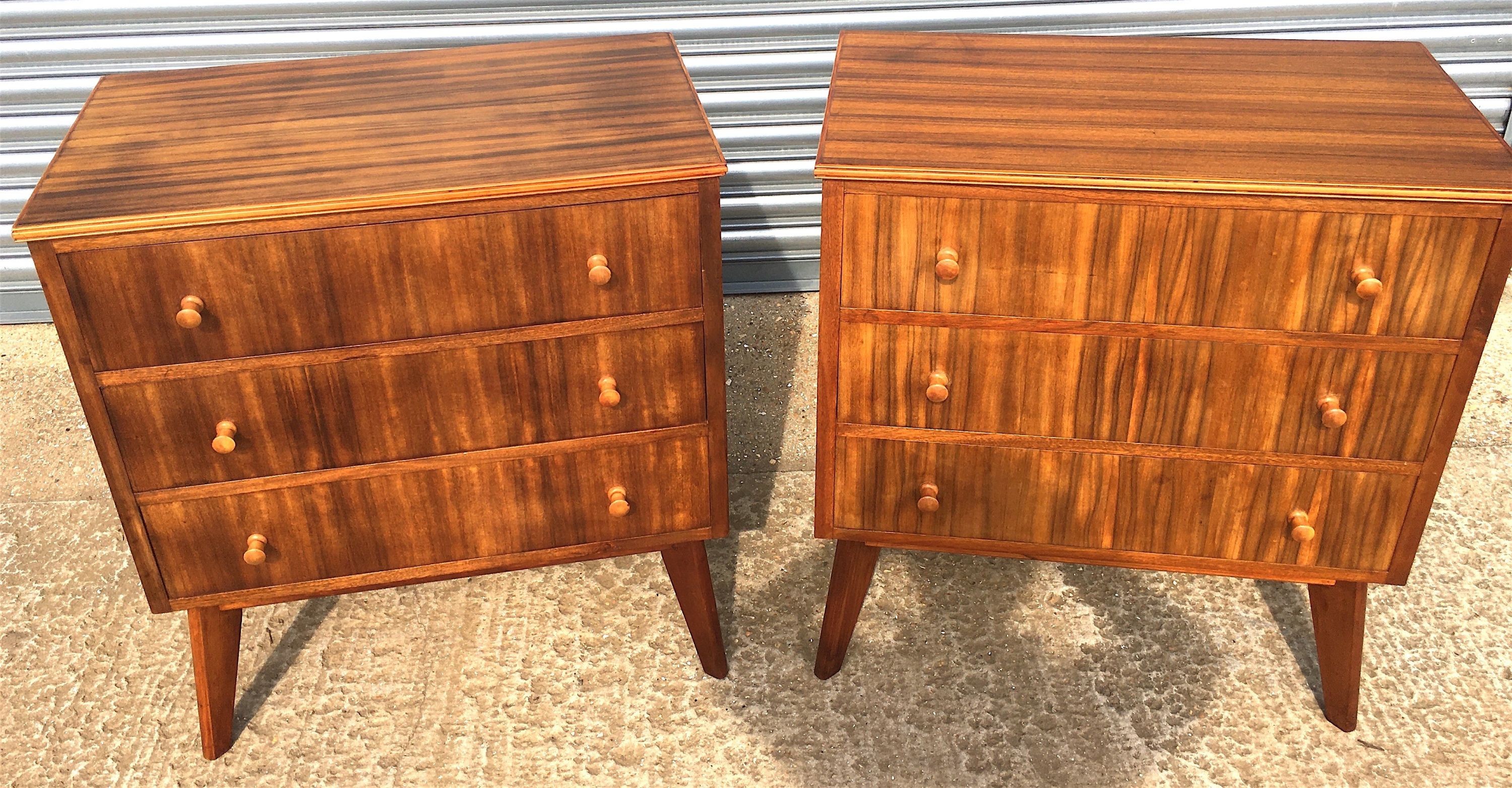 A pair of 1960s Morris Of Glasgow walnut three drawer chests, width 79cm, depth 47cm, height 86cm